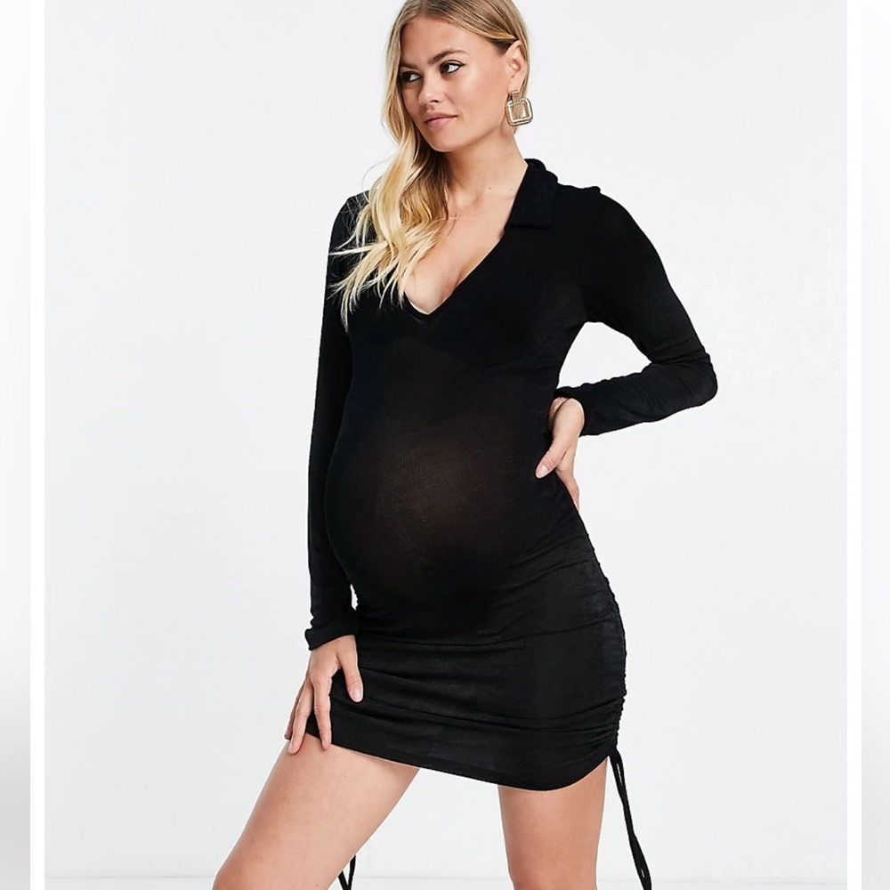 ASOS Design maternity slinky ruched beach mini dress size 06 black v neck